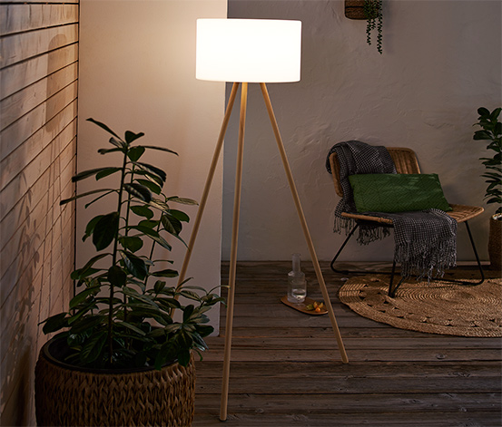 Akumulátorová stojací lampa s LED, v dřevěném vzhledu