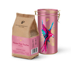 Raritní káva »Paraíso Pink Bourbon« – 250 g zrnkové kávy + dóza na kávu